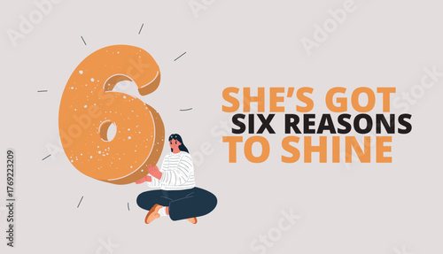 Cartoon vector illustration of a woman holding the number six, symbolizing ambition as striving toward personal success