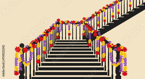 Beautifully Decorated Staircase with Festive Flower Garlands for Special Occasions