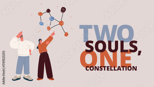 Cartoon vector illustration of teamwork connecting stars as a constellation, symbolizing collaboration as combining talents to achieve shared goals