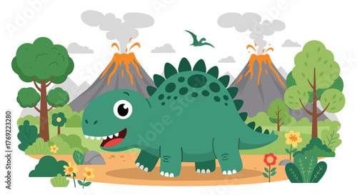 A happy cartoon dinosaur stands in a vibrant prehistoric landscape with erupting volcanoes, lush trees, and a flying Pterodactyl.
