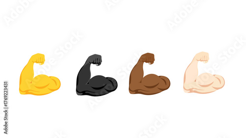 Set of Flexed Arm Muscle Icons in Different Skin Tones Vector Illustration