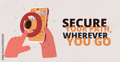 Cartoon vector illustration of hands holding a smartphone with a prohibition sign, symbolizing digital balance as setting healthy boundaries online