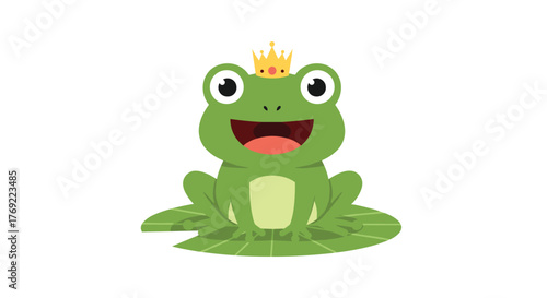 A happy cartoon green frog prince with a golden crown sits on a lily pad, smiling brightly in a charming illustration.