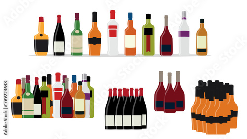 Collection of Alcohol Bottles and Wine Packaging Vector Illustration