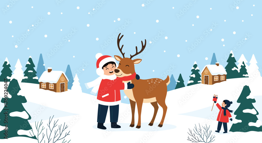 Naklejka premium A happy child in winter clothes hugs a friendly deer in a snowy village scene, while another child holds up a small gift.