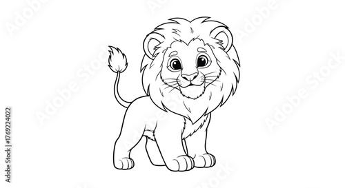 A cute cartoon baby lion with a friendly smile and fluffy mane stands cheerfully, looking directly forward, perfect for a children's coloring page.