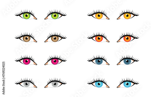 Set of colorful female eyes with eyelashes and different iris shades isolated on white background
