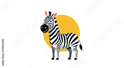 An adorable cartoon zebra with black and white stripes and a happy expression stands gracefully in front of a vibrant yellow sun.