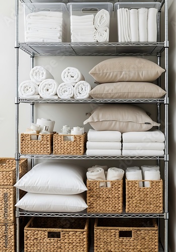 Neatly organized linen closet with shelves stocked with folded towels, pillows, and storage baskets filled with various items, showcasing tidy home storage solutions