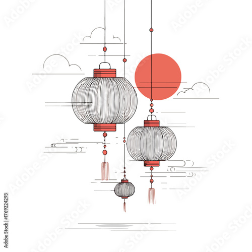 Sleek Lantern Festival Line Art Vector