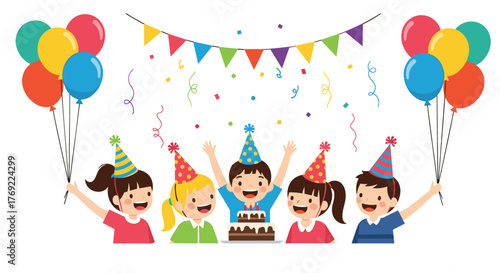 A group of happy children in party hats celebrates a birthday with balloons, confetti, and cake.