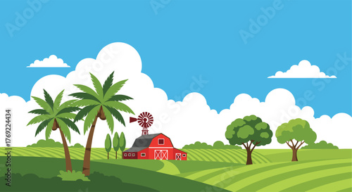 A vibrant cartoon farm scene with a red barn, windmill, palm trees, and rolling green fields under a blue sky.