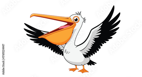 A cheerful cartoon pelican with wide-open wings and a large orange beak expresses excitement, perfect for children's designs or educational content.