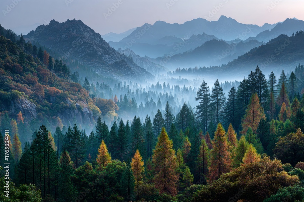 Obraz premium Embracing tranquility: a journey through foggy autumn woods. Film poster. Fog-laden autumn forest with bright splashes of colorful leaves. Poster design. Advertising photo.