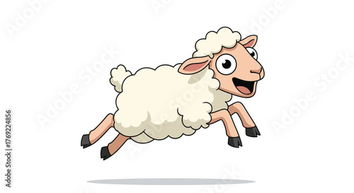 A cheerful cartoon sheep with fluffy wool is captured mid-jump against a clean white background, exuding joy and energy.