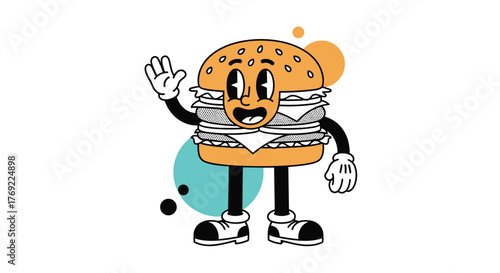 A friendly and cheerful retro cartoon burger character waves, designed in a classic 1930s animation style with abstract background elements.