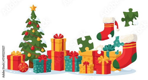 Festive Holiday Illustration Christmas Tree, Gifts, and a Whimsical Puzzle Element