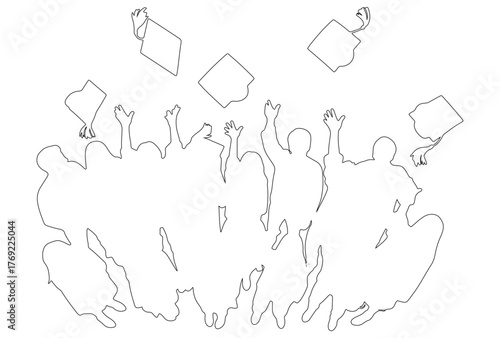 CAD Drawing. top view of outline students tossing caps in the air isolated on white background. Vector illustration.
