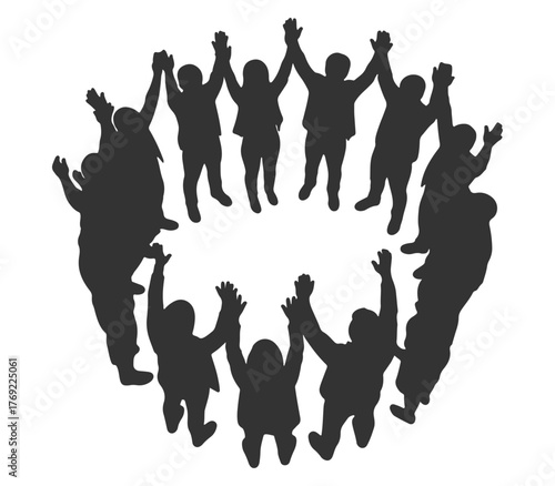 CAD Drawing. top view of silhouette students standing in a circle and celebrating together isolated on white background. Vector illustration.