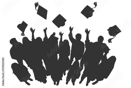 CAD Drawing. top view of silhouette students tossing caps in the air isolated on white background. Vector illustration.