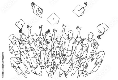 CAD Drawing. top view of students tossing caps in the air isolated on white background. Vector illustration.