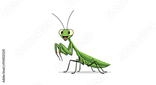 A cheerful green cartoon praying mantis with large eyes and folded front legs smiles on a clean white background, ideal for child-friendly content.