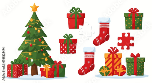 Festive Christmas Tree and Gift Boxes Surrounded by Snow and Decorated Stockings