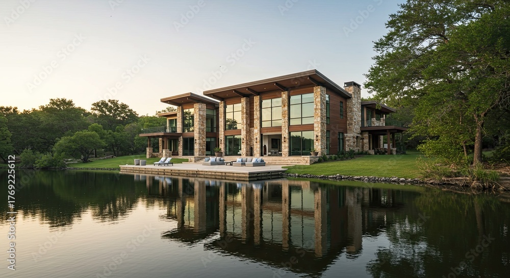 Obraz premium Contemporary lakefront property with architectural design reflected in calm water