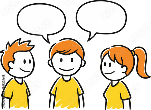 Stickman character set: three people talking and discussing. Isolated vector doodle illustration.