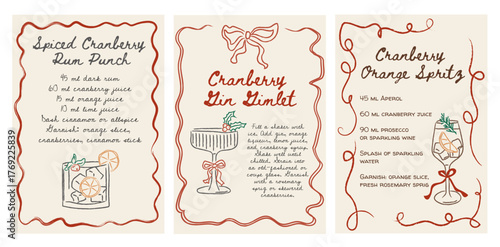 Retro Christmas cocktail recipe cards with hand-drawn festive drinks. Cranberry rum punch, gin gimlet, and orange spritz. Whimsical doodle style with vintage holiday design. Vector illustration.