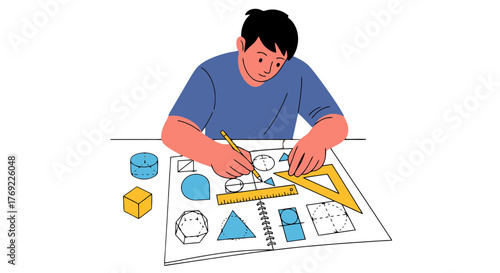 Illustration Of A Person Working With Geometric Shapes And Mathematical Elements