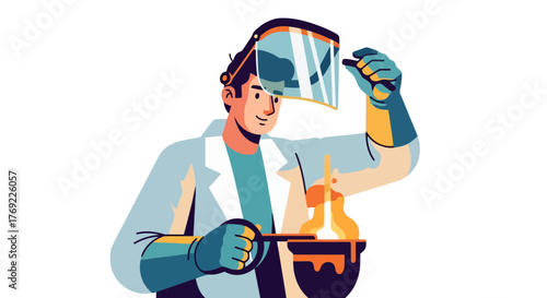 Illustration Of A Scientist Working With Fire, Wearing Protective Gear In Action
