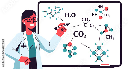 Illustration Of A Scientist Presenting Chemical Reactions On A Whiteboard For Education