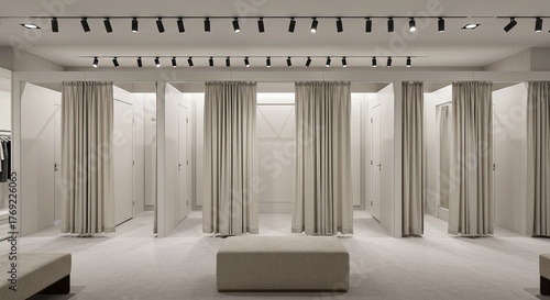 Elegant dressing rooms with soft neutral tones and modern track lighting showcase chic retail space