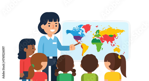 Illustration Of A Teacher Explaining The World Map To Cute Children In The Classroom