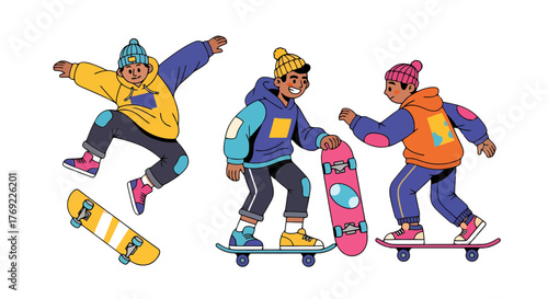 Illustration Of Friends Skateboarding Against a Black Background Showing Movement and Fun