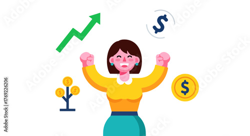 Illustration Of Financial Success, Investment Growth And Happy Woman Celebrating