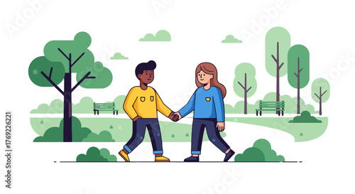 Illustration Of Friends Walking Together In Park And Relaying A Peaceful Environment