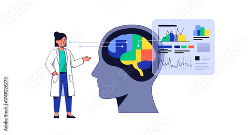 Illustration Of Neurologist Explaining Brain Function Analysis with Colorful Data Display