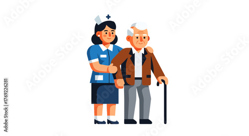Illustration Of Nurse Assisting Senior Patient, Healthcare, Medical Support And Help