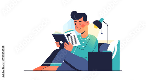 Illustration Of Man Reading Book Under Lamp In Bedroom, Reading And Relaxation Concept