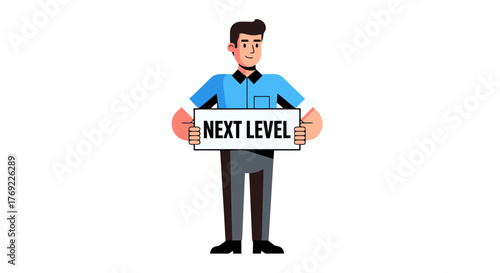 Illustration Of Person Holding Sign That Says Next Level On Black Background