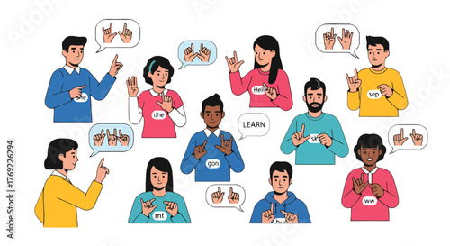 Illustration Of People Using Sign Language To Communicate And Learn, Isolated on Black
