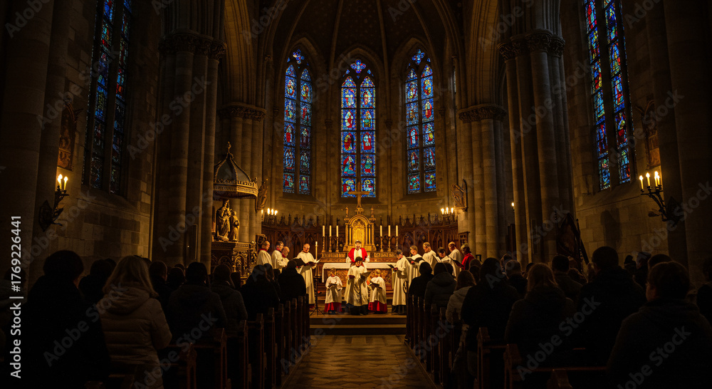 Fototapeta premium A realistic photo of a midnight Christmas mass in an old Gothic church