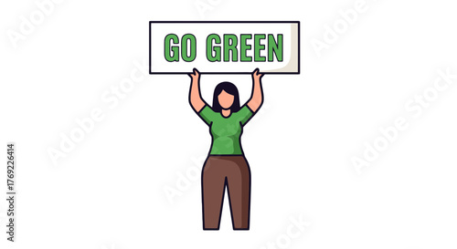 Illustration Of Woman Promoting Green Living With A Banner Against The Dark Background
