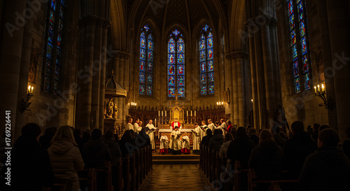 A realistic photo of a midnight Christmas mass in an old Gothic church