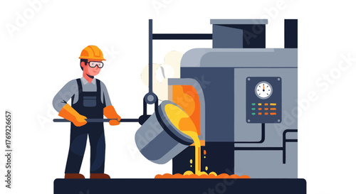 Industrial Metallurgy Process Depicting Worker And Molten Metal Production Activities