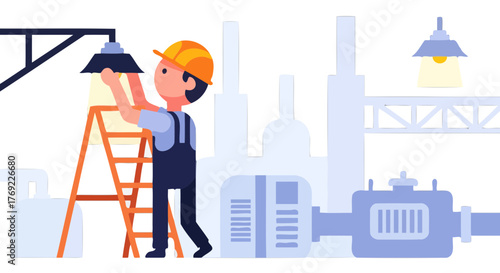 Industrial Worker Energizing Lamp While Climbing Ladder Depicting Factory Building Process