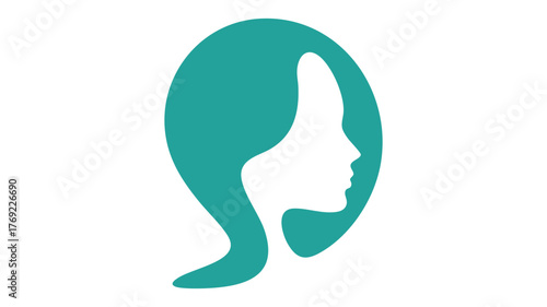 Elegant teal silhouette of a woman's profile within a circular emblem logo design