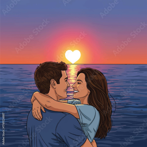 Romantic vector illustration of a couple hugging by the seaside under a heart-shaped sunset.